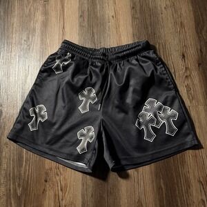 Black Mesh Shorts Mens Size M Cross Print Athletic Gym Workout Casual